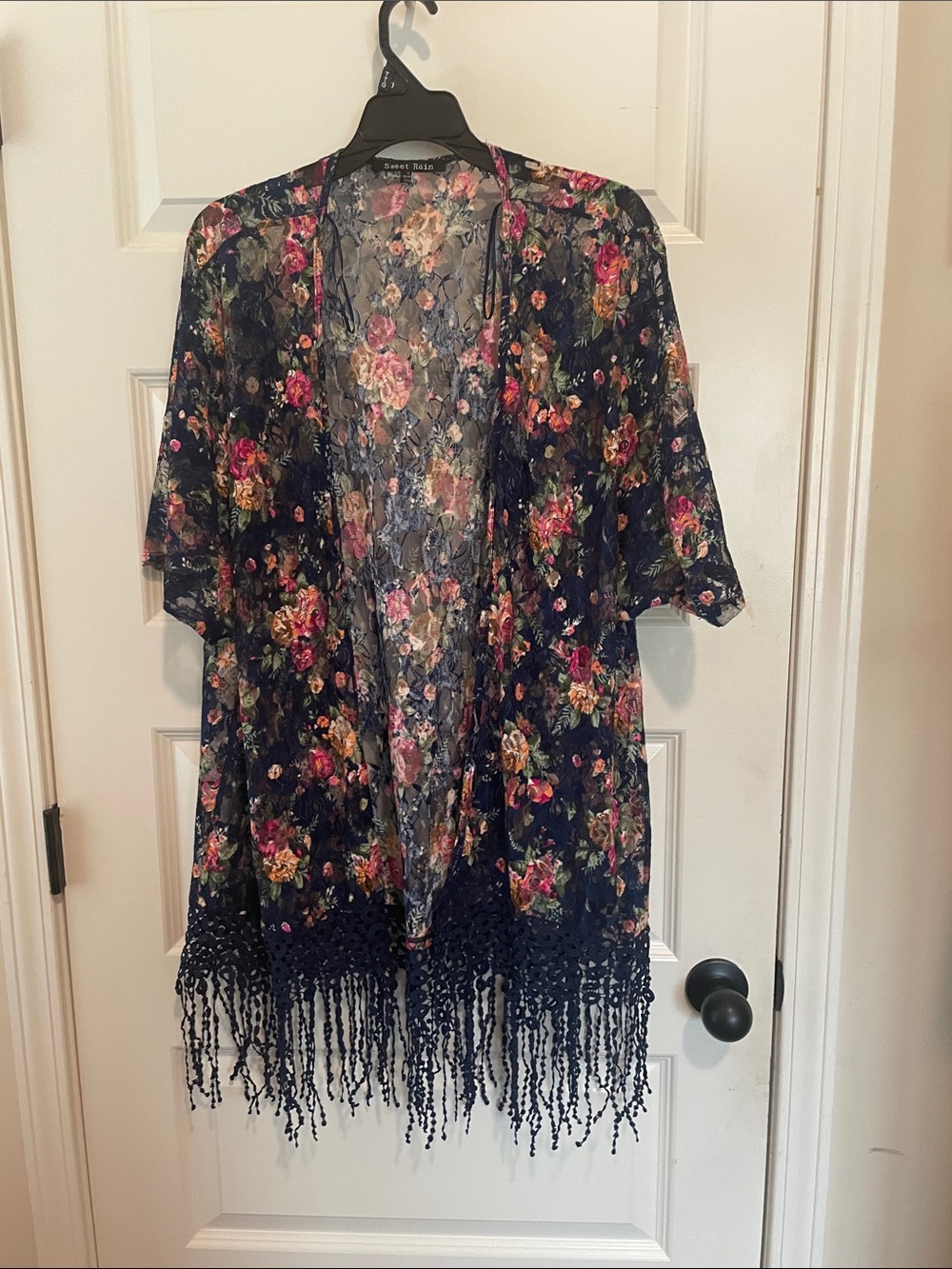 Floral Lace Kimono with Fringe - Navy Floral